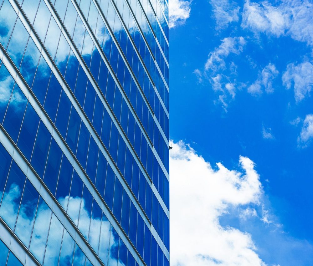 underside panoramic and perspective view to steel blue glass high rise building skyscrapers underside panoramic and perspective view to steel blue glass high rise building skyscrapers, business concept of successful industrial architecture